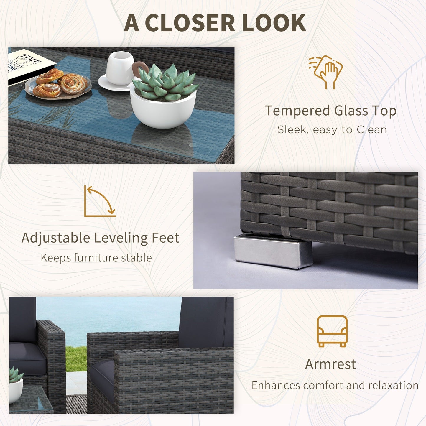 Outsunny 4-Piece Rattan Wicker Sofa Set with Loveseat and Glass Coffee Table for Outdoor Gray - 841-086V02GY