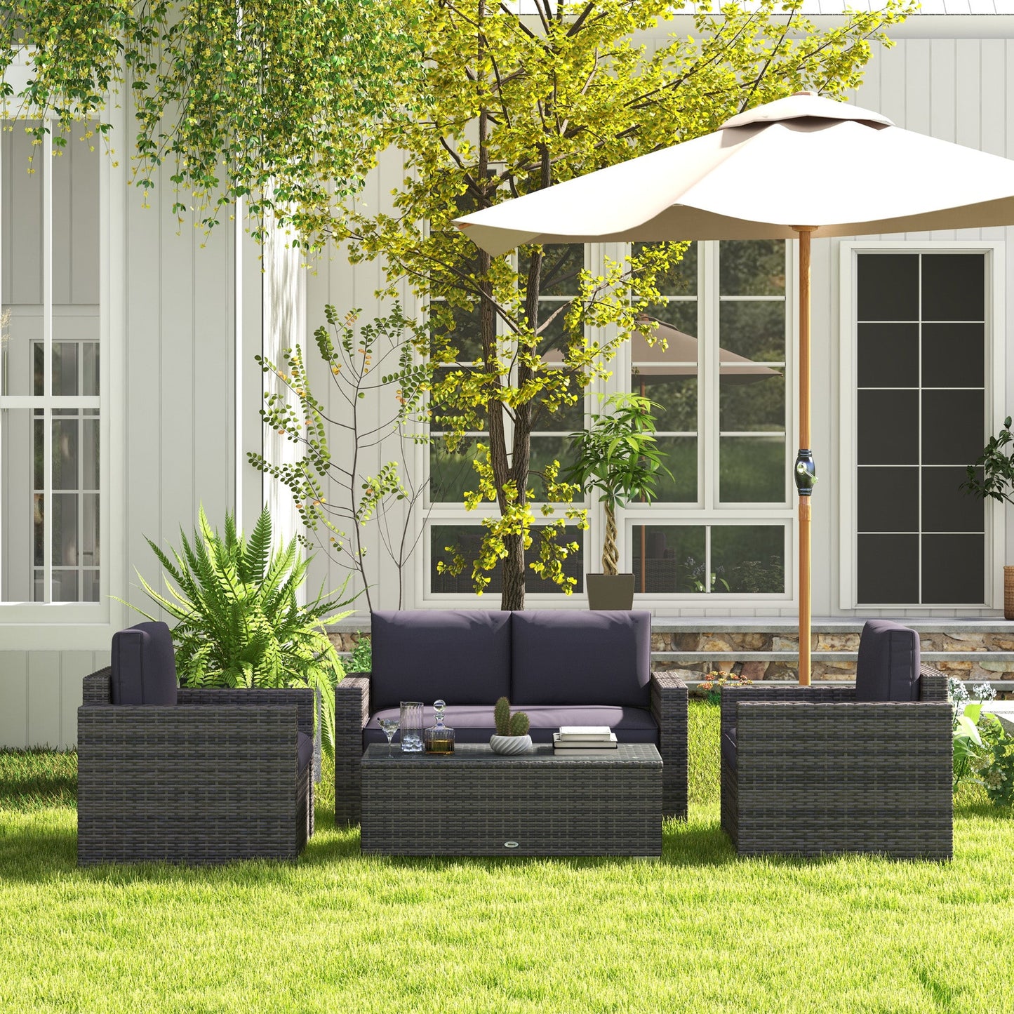 Outsunny 4-Piece Rattan Wicker Sofa Set with Loveseat and Glass Coffee Table for Outdoor Gray - 841-086V02GY