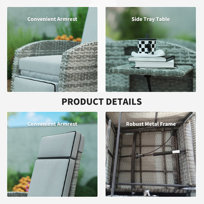 Outsunny Reclining Garden Chairs with Cushions, Adjustable Footrest, Side Tray Table, Gray - 867-189V01GY