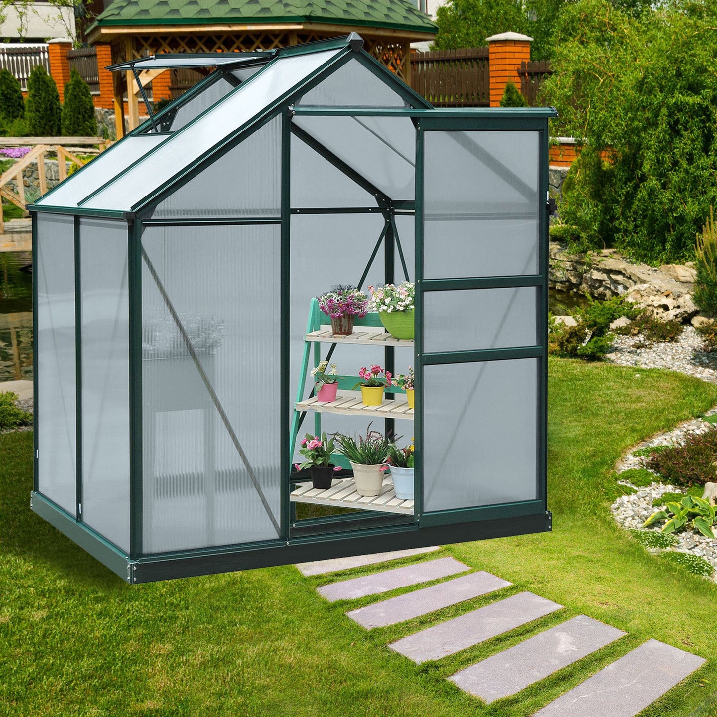 Outsunny 6' x 4' Polycarbonate Greenhouse with Rain Gutter and Roof Vent for Outdoor Garden, Dark Green - 845-057