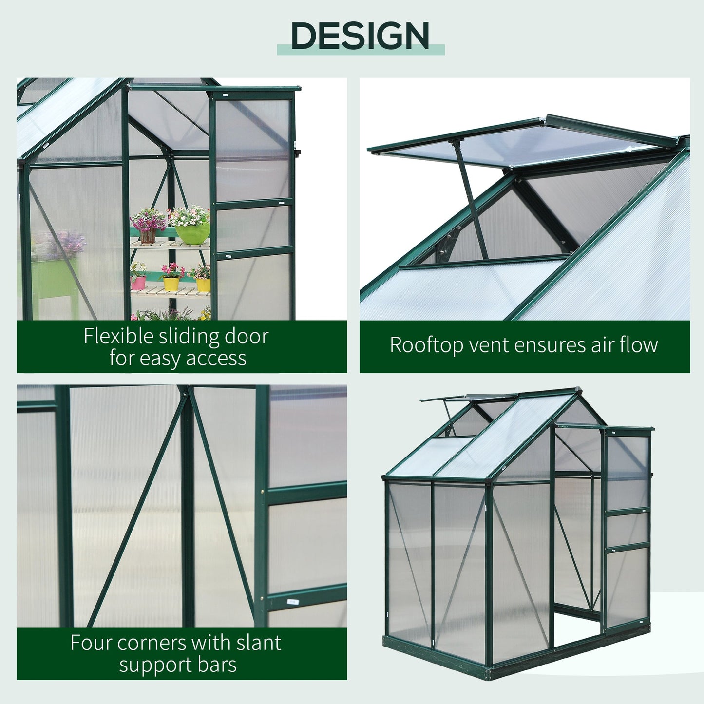 Outsunny 6' x 4' Polycarbonate Greenhouse with Rain Gutter and Roof Vent for Outdoor Garden, Dark Green - 845-057