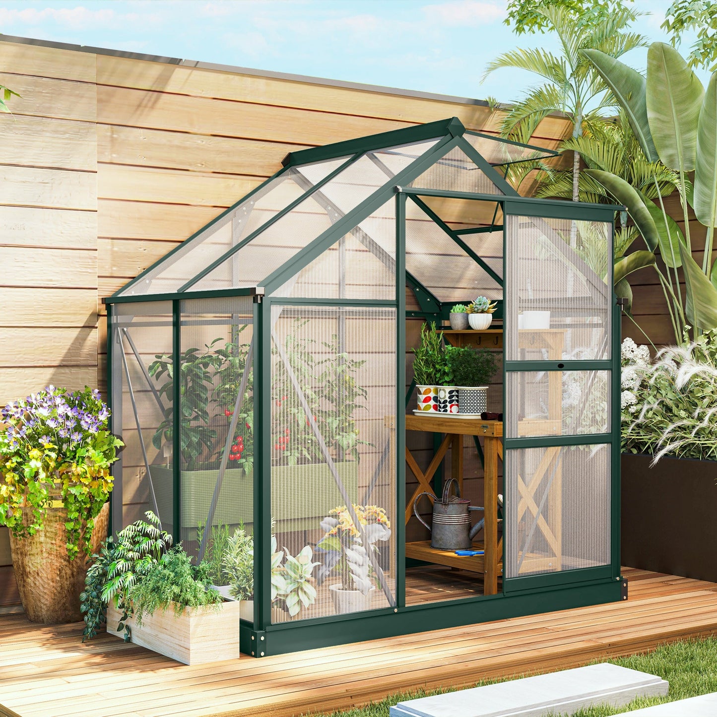 Outsunny 6' x 4' Polycarbonate Greenhouse with Rain Gutter and Roof Vent for Outdoor Garden, Dark Green - 845-057