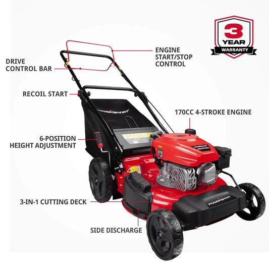 Powersmart 3-In-1 Lawn Mower 21" Self-Propelled 170cc Gas Engine Red Used - DB8621AS