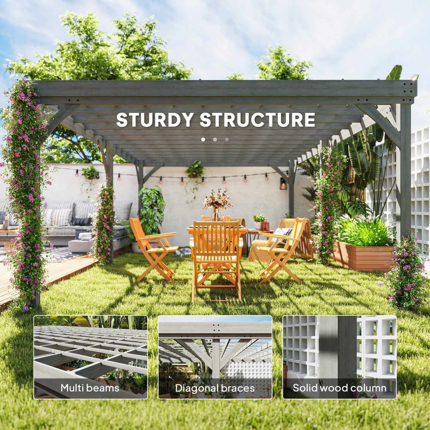 12' x 20' Wooden Pergola with Grape Vine Design & Concrete Anchors, Gray