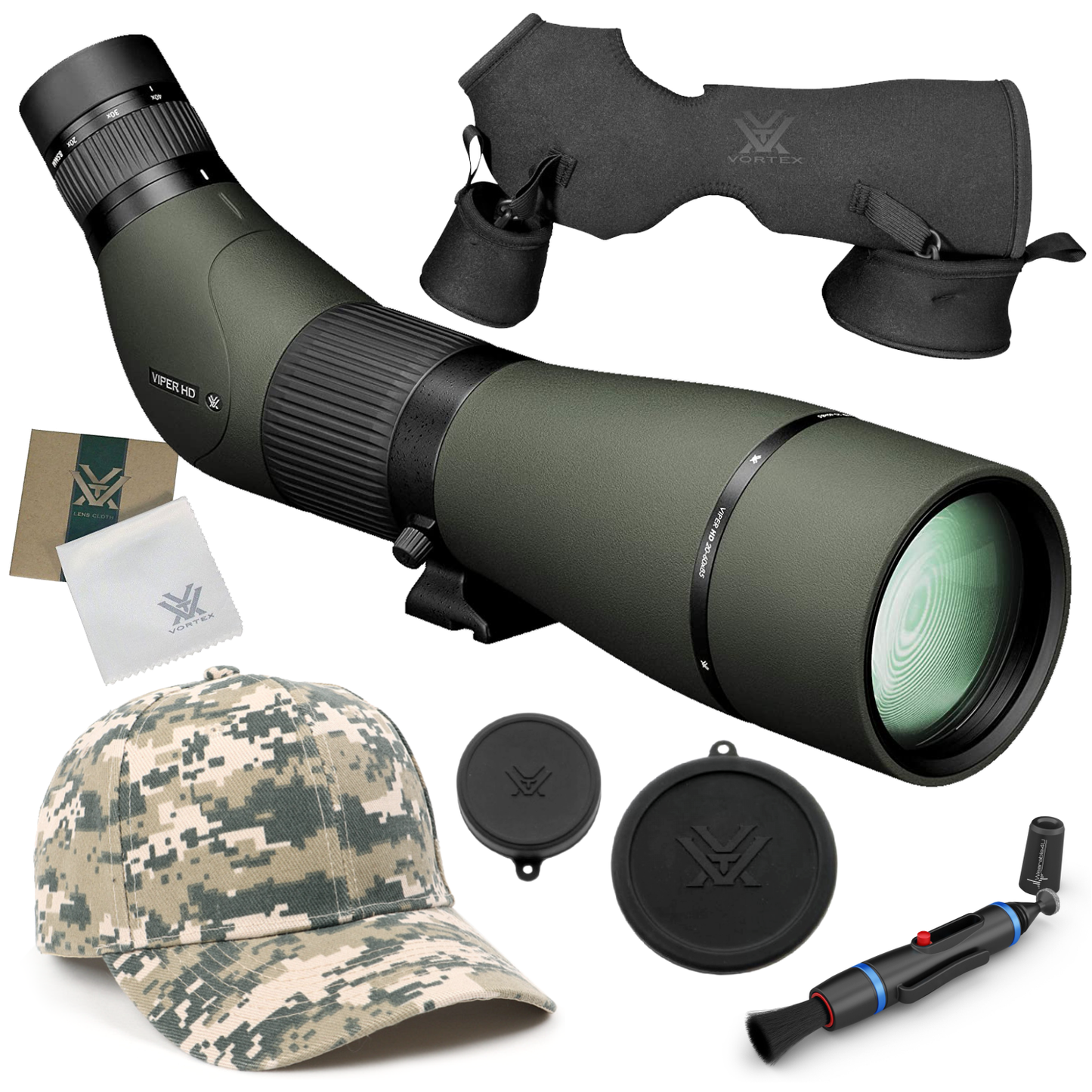 Vortex Optics Viper HD 20-60x85 Angled Spotting Scope V502 with Wearable4U Bundle - V502_Hat-CD_LCP