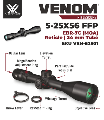 Vortex Optics Venom 5-25x56 FFP EBR-7C MOA with Vortex Precision Rings Set Bundle - VEN-52501_PMR-34-145