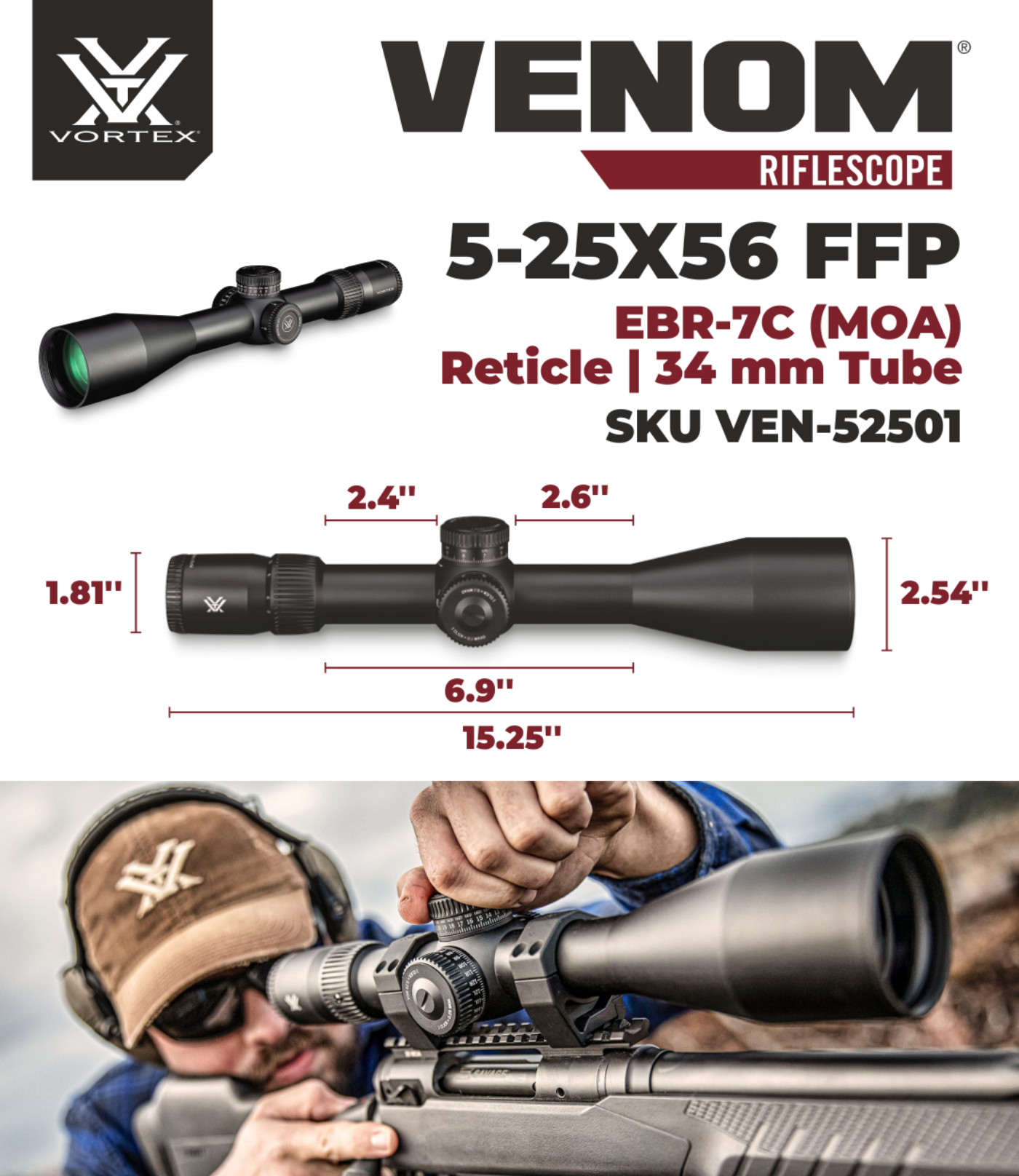 Vortex Optics Venom 5-25x56 FFP EBR-7C MOA with Vortex Precision Rings Set Bundle - VEN-52501_PMR-34-145