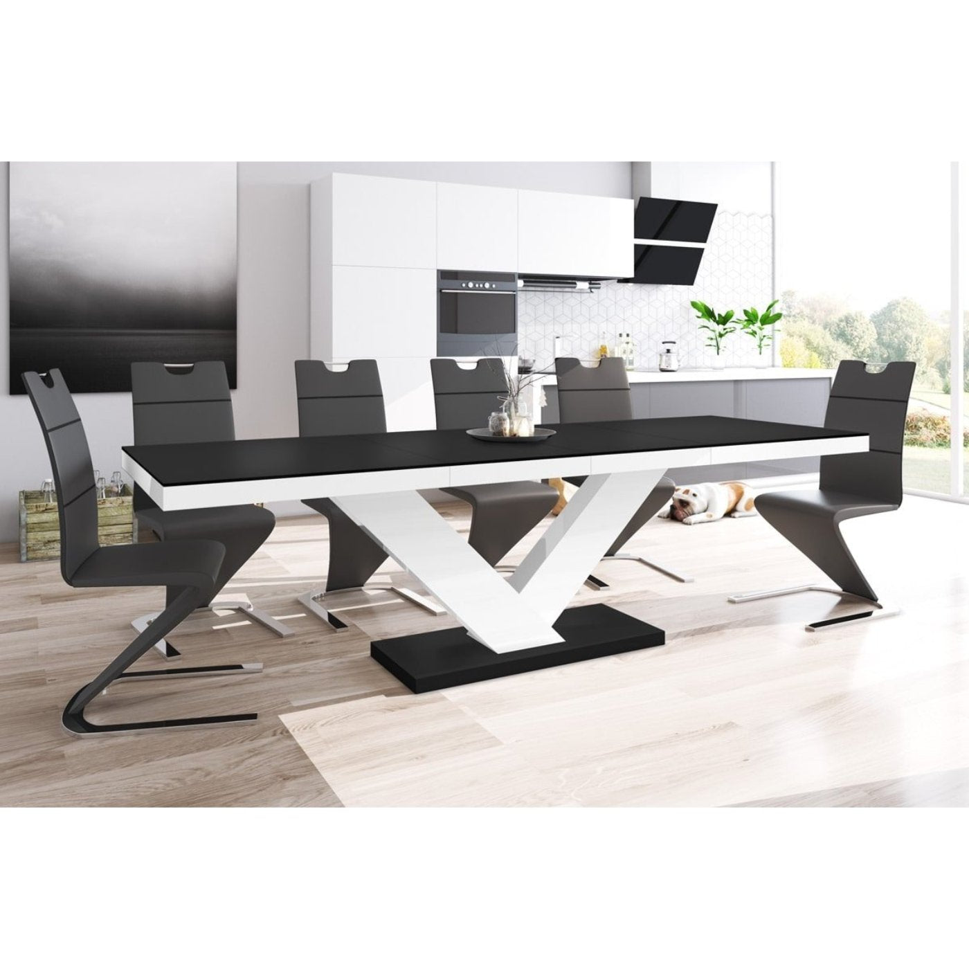 Maxima House Dining Set TORIA 7 pcs. modern black/white glossy Dining Table with 2 self-storing leaves plus 6 black chairs - HU0003K-188B