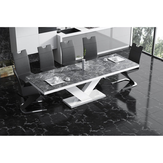 Maxima House Dining Set TORIA 7 pcs. modern glossy Dining Table with 2 self-storing leaves plus 6 black chairs - HU0103K-188B
