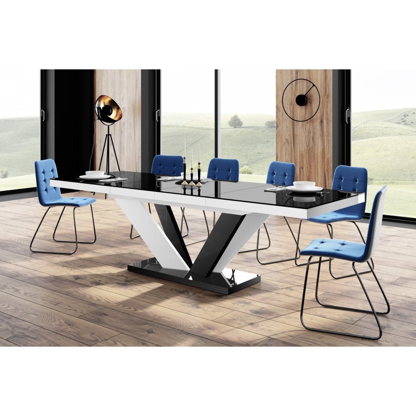 Maxima House Dining Set AVIVA 7 pcs. modern glossy Dining Table with 2 self-starting leaves plus 6 chairs - HU0050K-321B