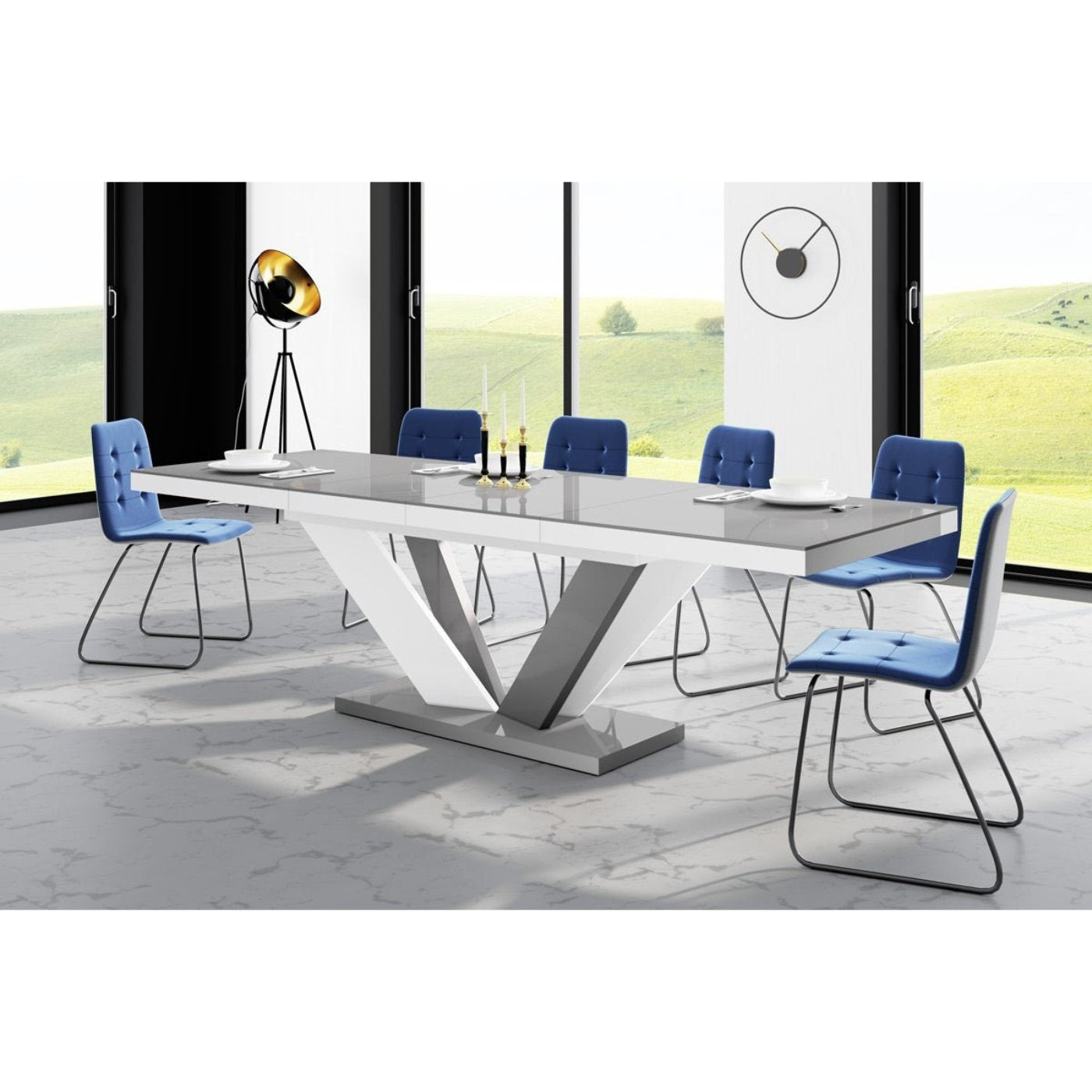 Maxima House Dining Set AVIVA II 7 pcs. gray/ white modern glossy Dining Table with 2 self-starting leaves plus 6 chairs - HU0051K-321B