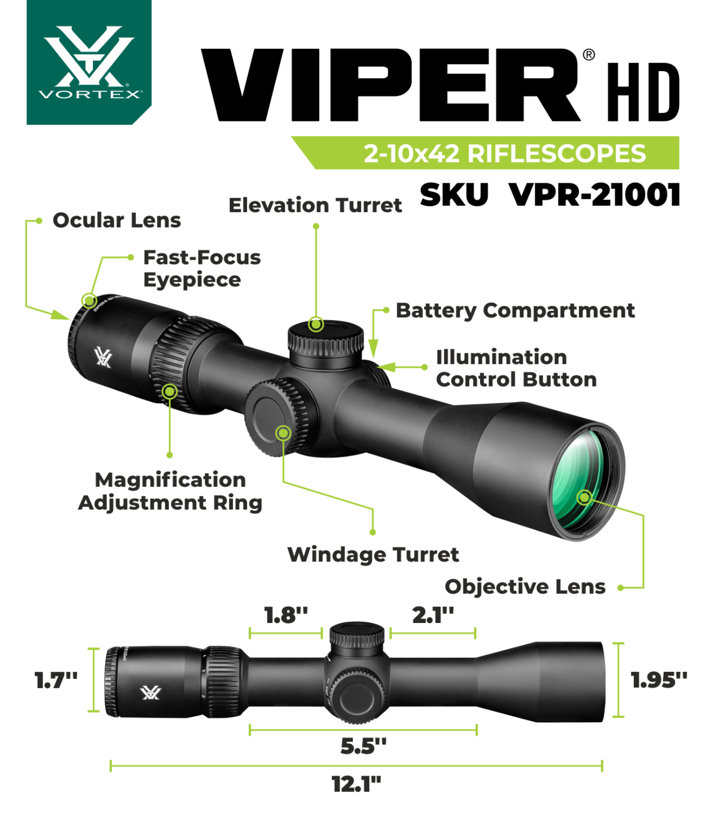 Vortex Optics Viper HD 2-10x42 SFP Second Focal Plane Dead-Hold BDC MOA Riflescope (VPR-21001) - VPR-21001