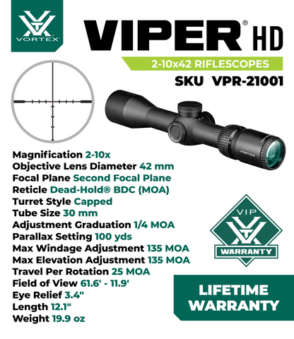 Vortex Optics Viper HD 2-10x42 SFP Second Focal Plane Dead-Hold BDC MOA Riflescope (VPR-21001) - VPR-21001