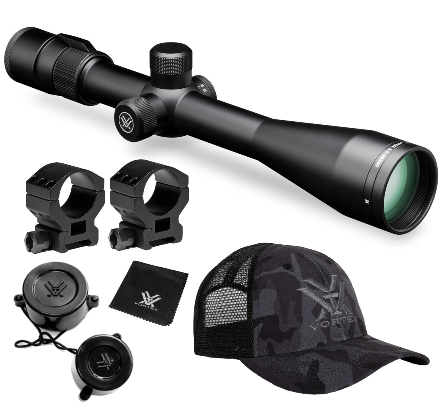 Vortex Optics Viper 6.5-20x50 PA SFP Riflescope Mil-Dot MOA, 30mm Tube with Pro 30mm High Rings (1.18in) and Free Hat Bundle - VPR-M-06MD_TRH-2Pk_121-53-BCA