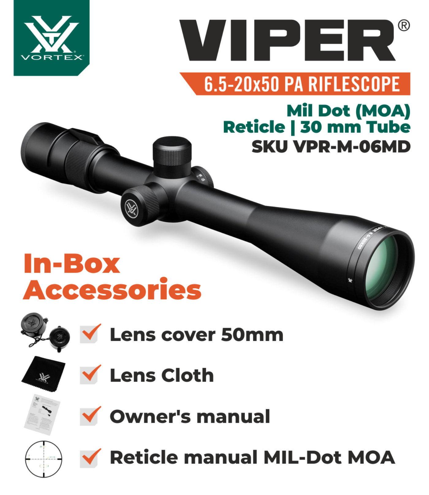 Vortex Optics Viper 6.5-20x50 PA SFP Riflescope Mil-Dot MOA, 30mm Tube with Pro 30mm High Rings (1.18in) and Free Hat Bundle - VPR-M-06MD_TRH-2Pk_121-53-BCA