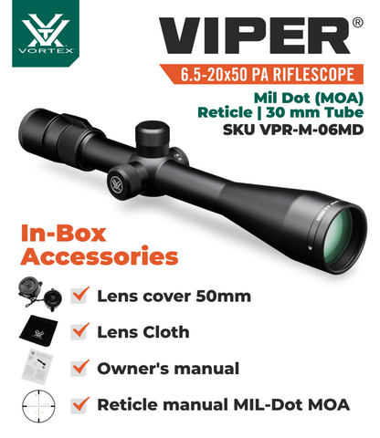 Vortex Optics Viper 6.5-20x50 PA SFP Riflescope Mil-Dot MOA, 30mm Tube with Wearable4U Bundle - VPR-M-06MD_121-53-BCA