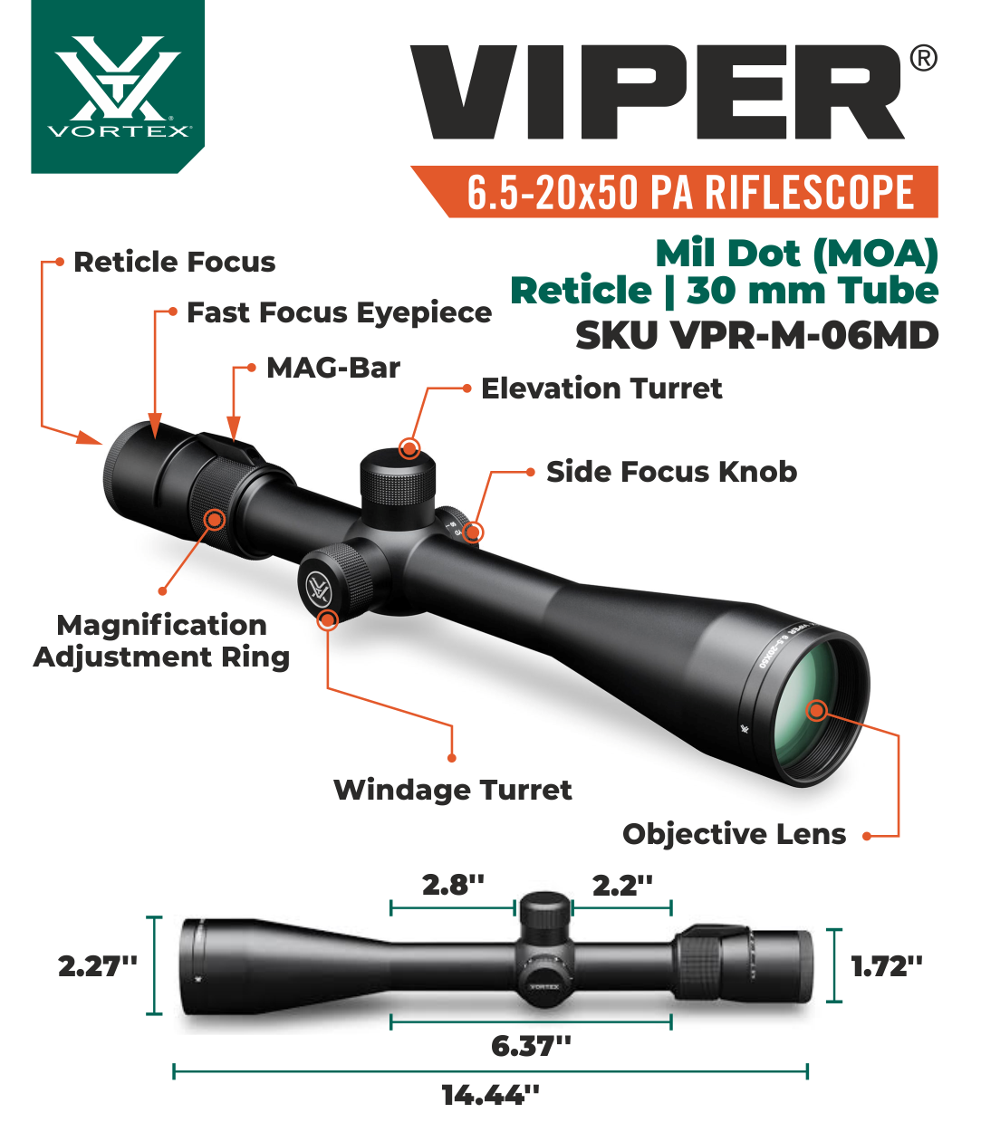 Vortex Optics Viper 6.5-20x50 PA SFP Riflescope Mil-Dot MOA, 30mm Tube with Pro 30mm High Rings (1.18in) and Free Hat Bundle - VPR-M-06MD_TRH-2Pk_121-53-BCA