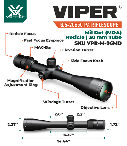 Vortex Optics Viper 6.5-20x50 PA SFP Riflescope Mil-Dot MOA, 30mm Tube with Wearable4U Bundle - VPR-M-06MD_121-53-BCA
