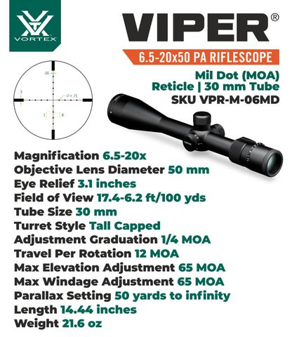 Vortex Optics Viper 6.5-20x50 PA SFP Riflescope Mil-Dot MOA, 30mm Tube with Wearable4U Bundle - VPR-M-06MD_121-53-BCA