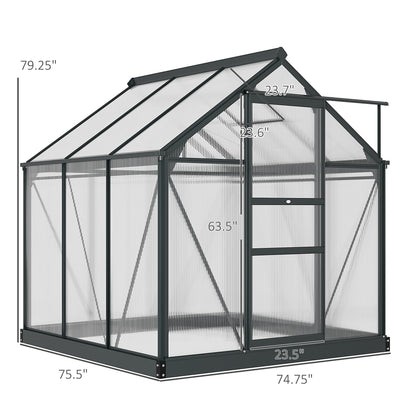 Outsunny 6' x 6' Polycarbonate Greenhouse with Rain Gutter and Roof Vent for Outdoor Garden, Gray - 845-058GY