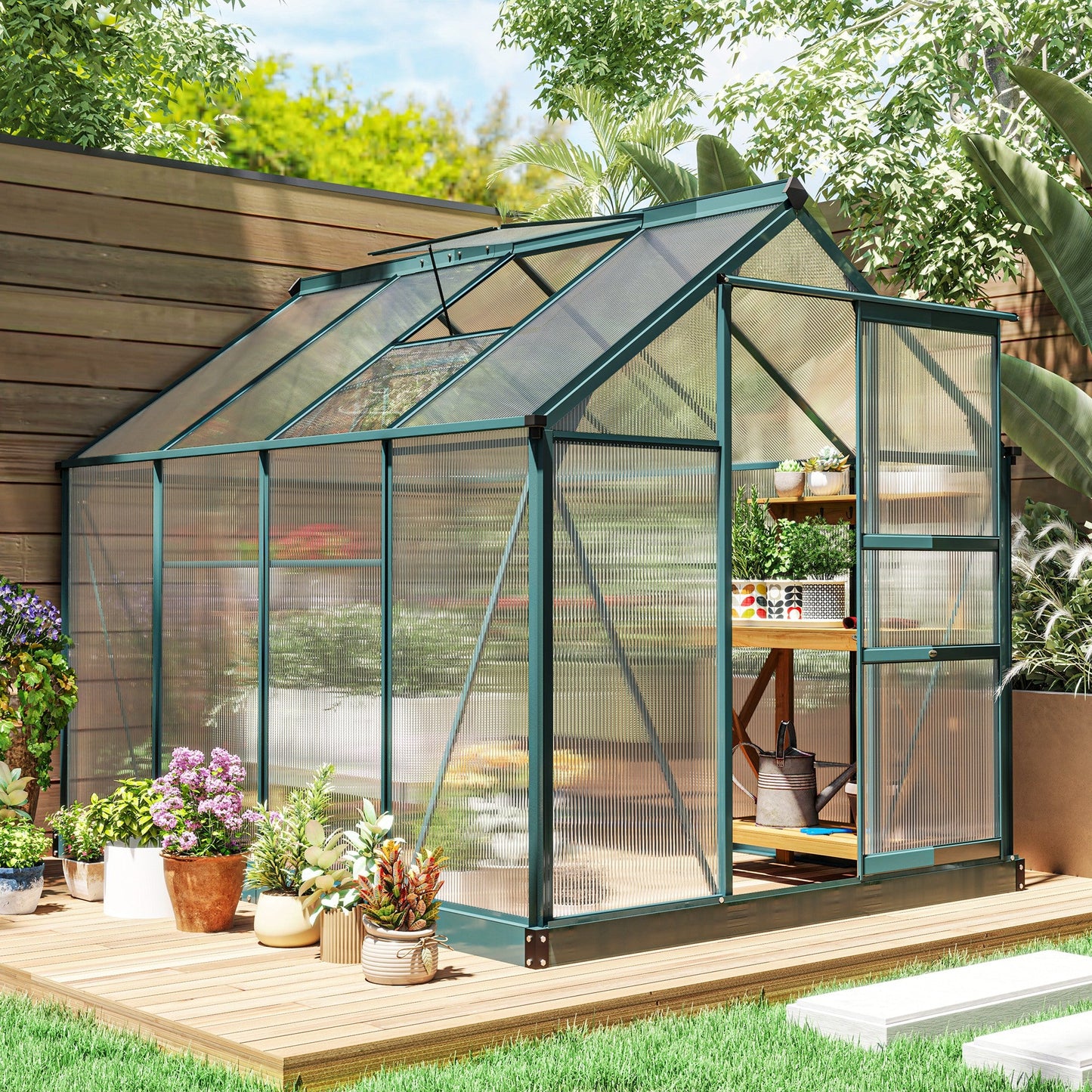 Outsunny BloomGreen 6' x 8' Greenhouse with Rain Gutter and Roof Vent Dark Green - 845-059