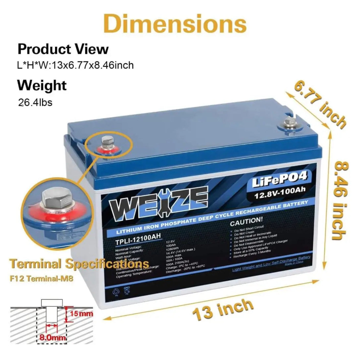 WEIZE 12V 100Ah 1280Wh Lithium Battery, Group 31 Deep Cycle LiFePO4 Battery (4-PACK) -  BAC-0089-4