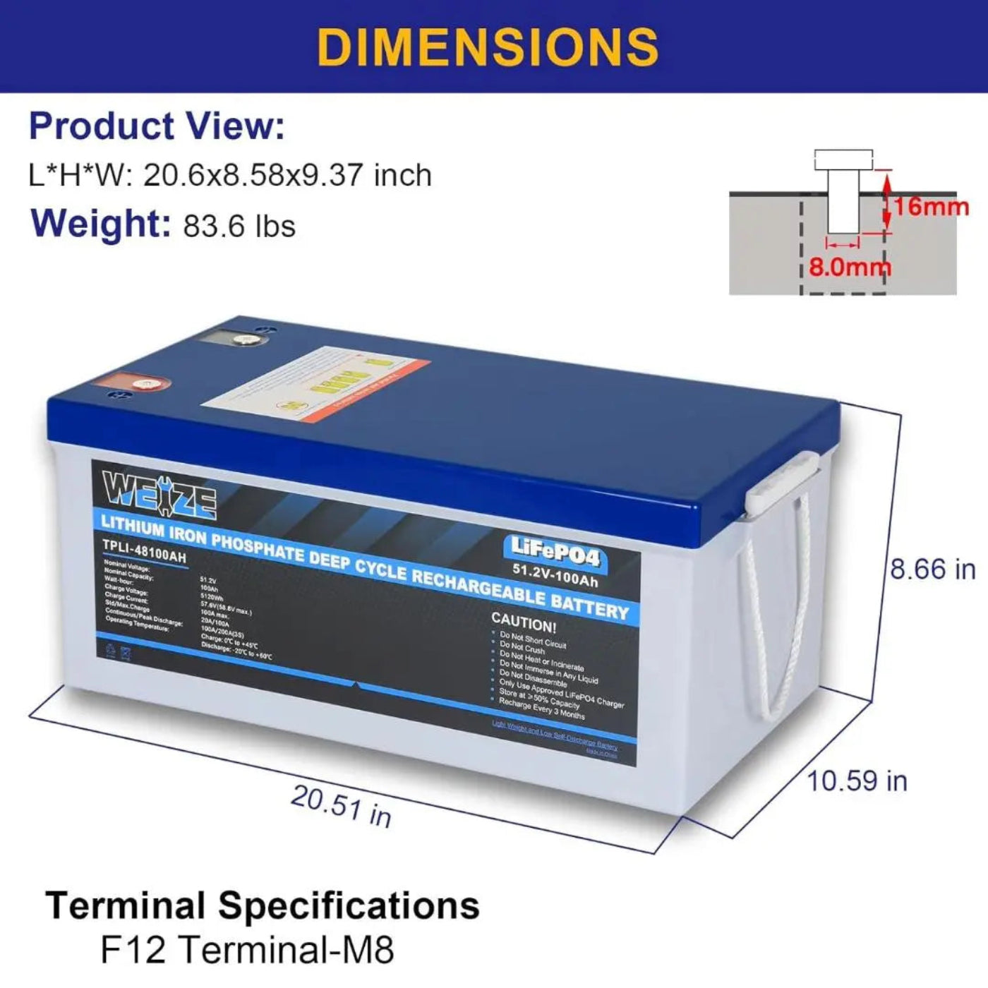 WEIZE 48V(51.2V) 100Ah 5120Wh LiFePO4 Lithium Battery - BAC-0103