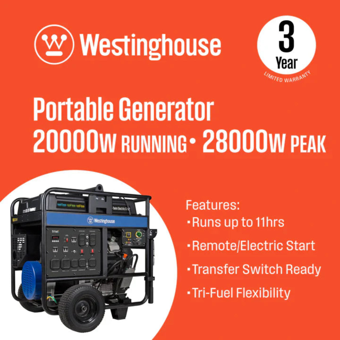 Westinghouse 20000W/28000W Generator Tri-Fuel 50A Gasoline Liquid Propane Natural Gas CO Sensor Remote Start New - WGEN20000TFC