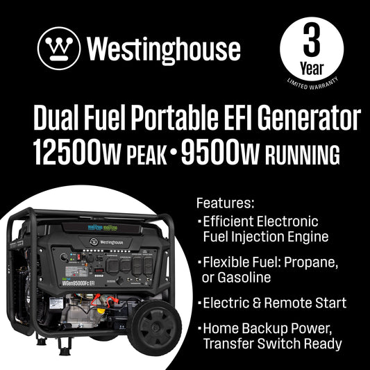 Westinghouse EFI Generator 9500/12500W Dual Fuel Gas Propane 50A Remote Start CO Sensor CARB New - WGEN9500DFC-EFI