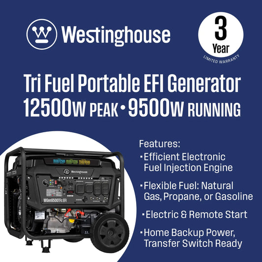 Westinghouse EFI Generator 9500/12500W Tri Fuel Gas Propane Natural Gas 50A Remote Start CO Sensor CARB New - WGEN9500TFC-EFI