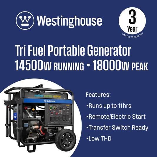 Westinghouse 14500W/18000W Generator Tri-Fuel Gasoline Liquid Propane Natural Gas CO Sensor Remote Start New - WGEN14500TFC