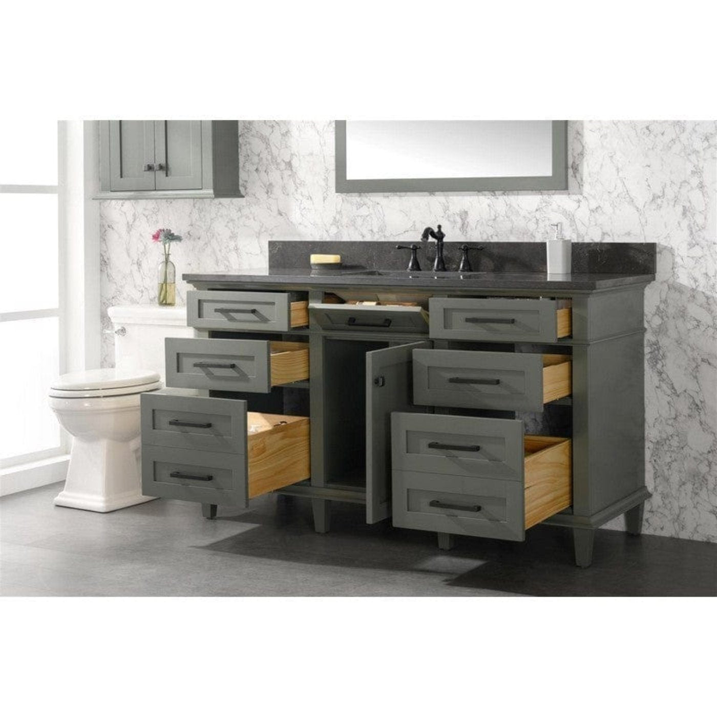 Legion Furniture WLF2280-PG 80 Inch Pewter Green Double Single Sink Vanity Cabinet with Blue Lime Stone Quartz Top