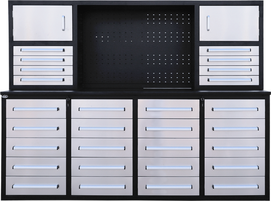Chery Industrial 7ft Garage Workbench Cabinet (28 Drawers & Pegboard)
