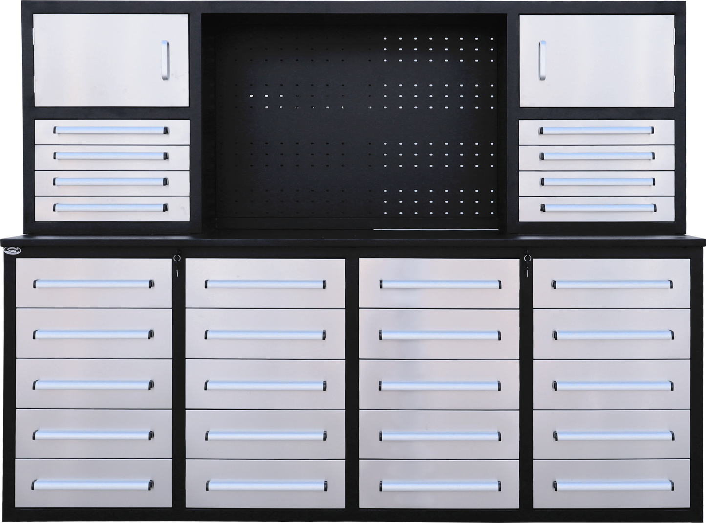 Chery Industrial 7ft Garage Workbench Cabinet (28 Drawers & Pegboard)