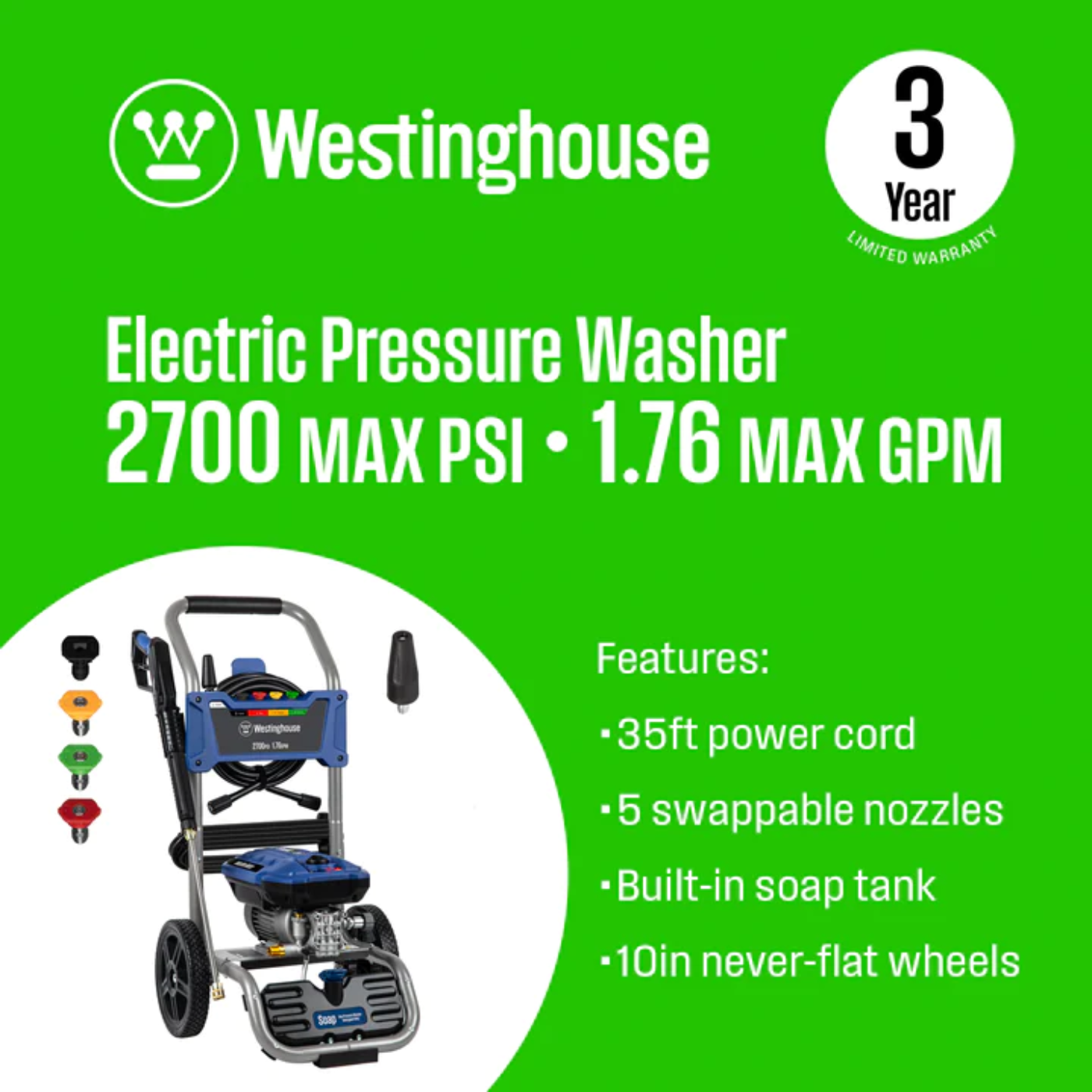 Westinghouse Electric Pressure Washer 2700 PSI 1.76 GPM New - WPX2700e