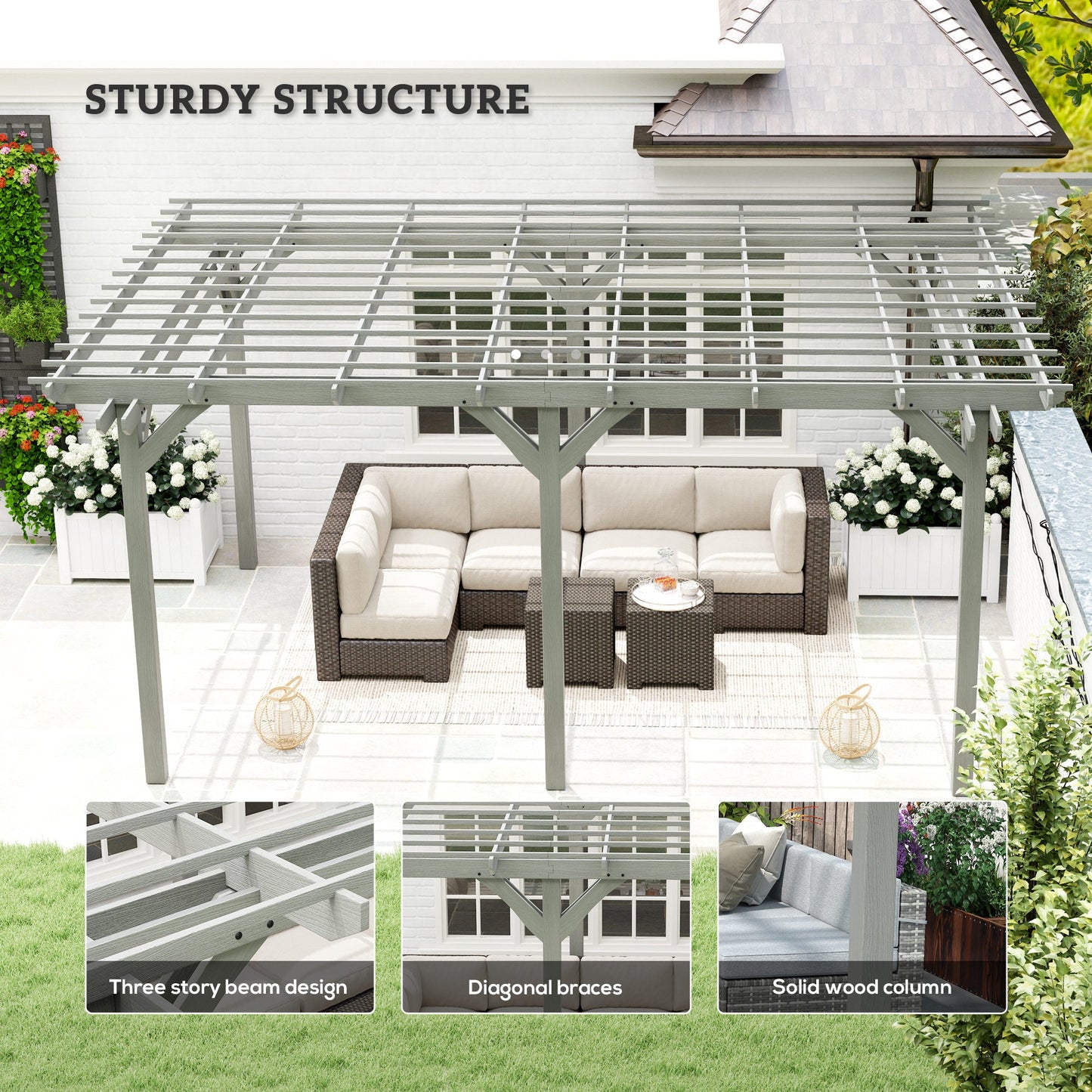Outsunny 12' x 16' Wood Gazebo Pergola with Sturdy Frame for Climbing Plants, Gray - 84C-417V01GY