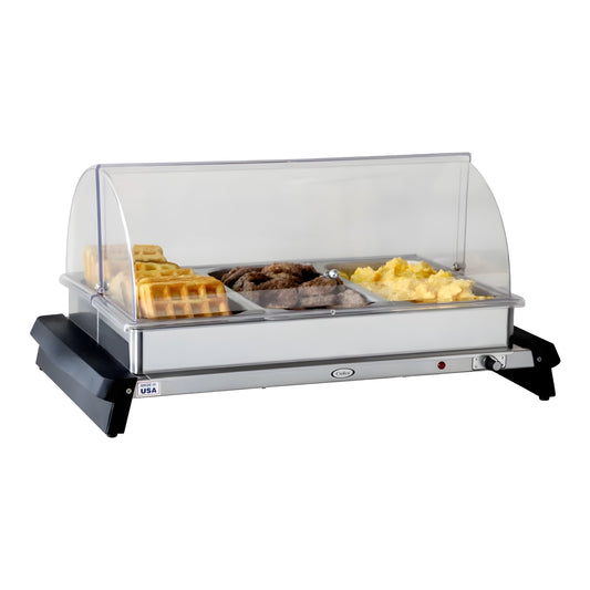 Cadco WTBS-3RT 3-Compartment Third Size Electric Buffet Server with Roll Top Lid - 120V - WTBS-3RT