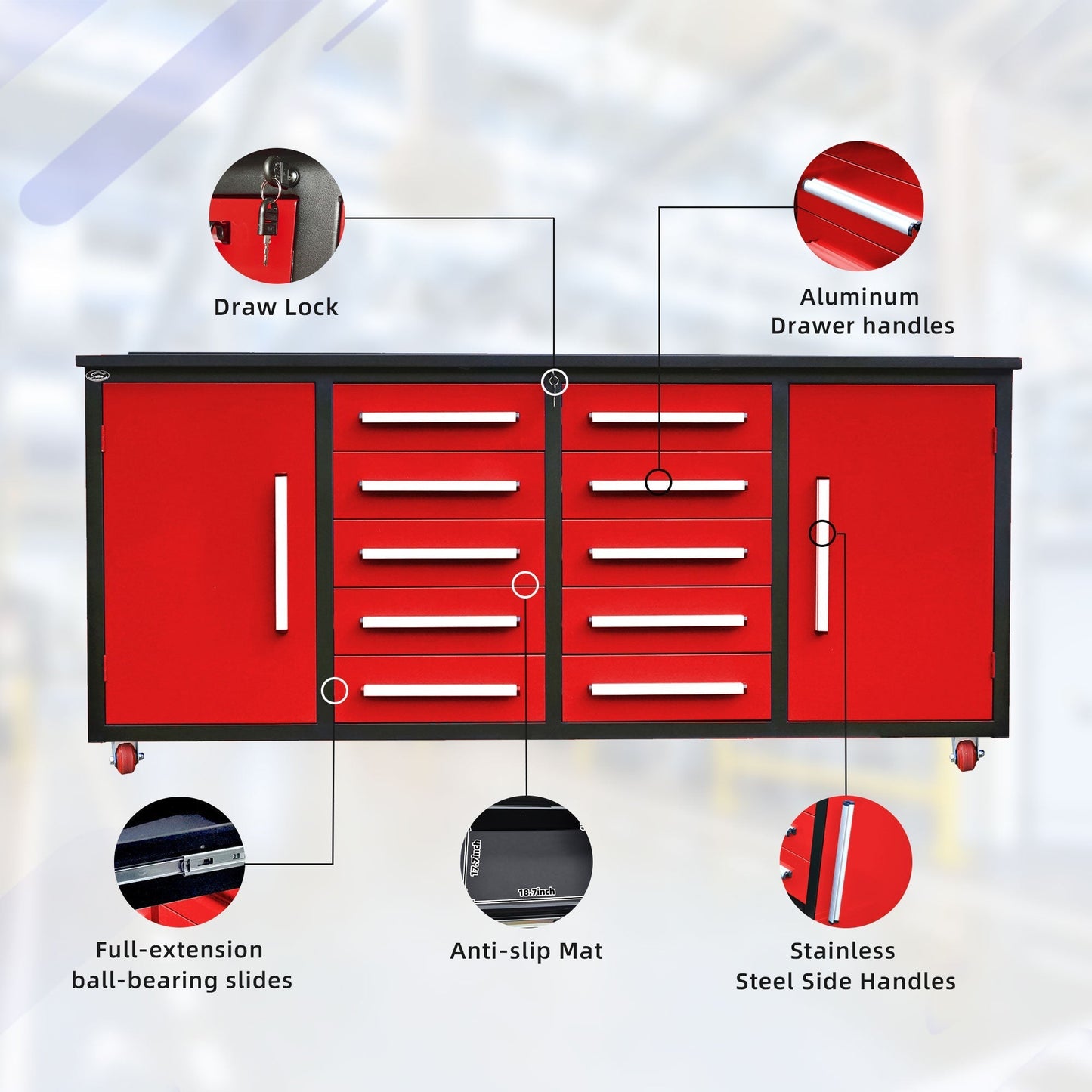 7ft 10-drawer Storage Workbench with Wheels