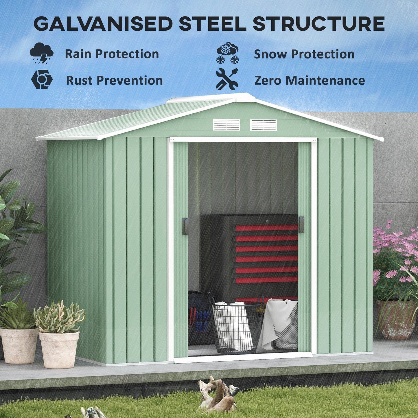 Outsunny EverBase 7' x 4' Outdoor Storage Shed with Foundation Kit, Double Lockable Door & Air Vents, Light Green - 845-030YG