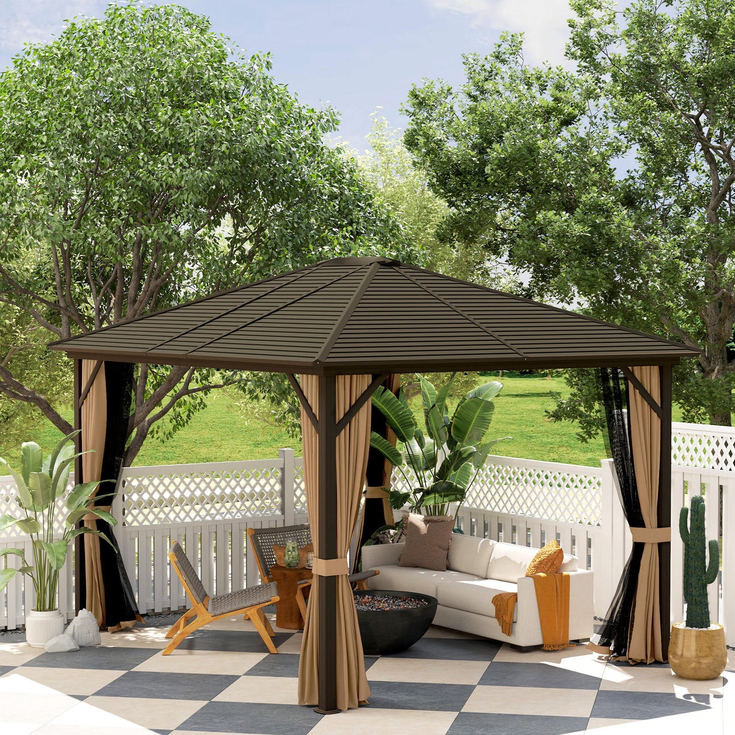 Outsunny 10' x 12' Hardtop Gazebo with Curtains, Netting Aluminum Frame - Coffee - 84C-040V01CF