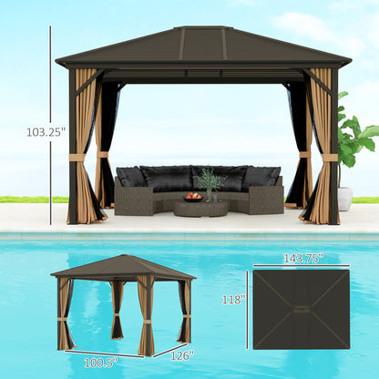 Outsunny 10' x 12' Hardtop Gazebo with Curtains, Netting Aluminum Frame - Coffee - 84C-040V01CF