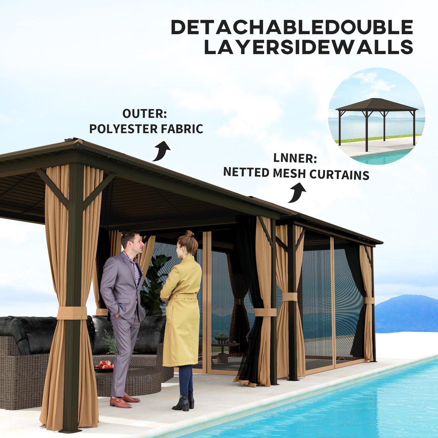 Outsunny 10' x 12' Hardtop Gazebo with Curtains, Netting Aluminum Frame - Coffee - 84C-040V01CF