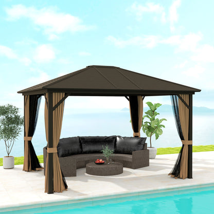 Outsunny 10' x 12' Hardtop Gazebo with Curtains, Netting Aluminum Frame - Coffee - 84C-040V01CF