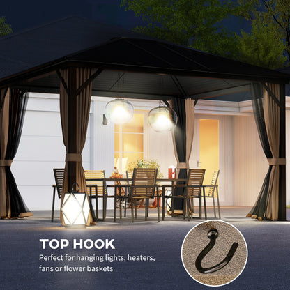 Outsunny 10' x 12' Hardtop Gazebo with Curtains, Netting Aluminum Frame - Coffee - 84C-040V01CF