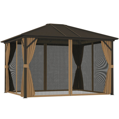 Outsunny 10' x 12' Hardtop Gazebo with Curtains, Netting Aluminum Frame - Coffee - 84C-040V01CF