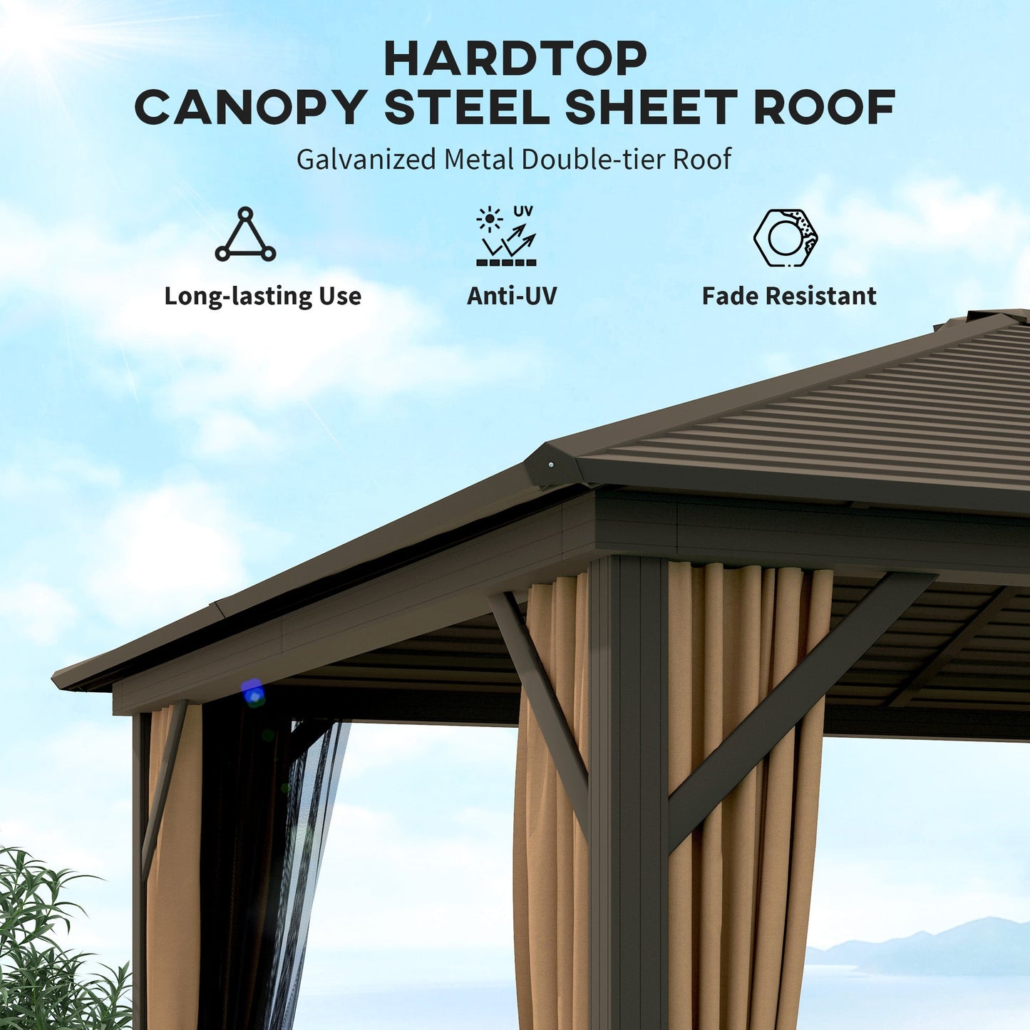 Outsunny 10' x 12' Hardtop Gazebo with Curtains, Netting Aluminum Frame - Coffee - 84C-040V01CF