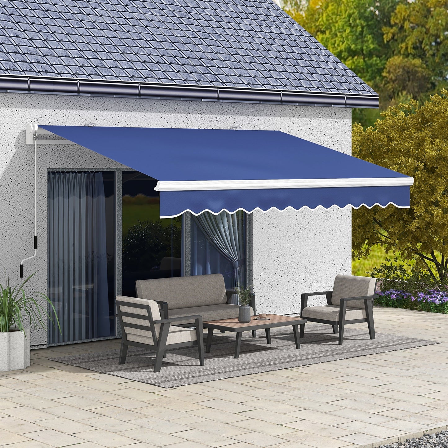 13' x 8' Manual Retractable Sun Shade w/UV Protection & Easy Crank, Dark Blue