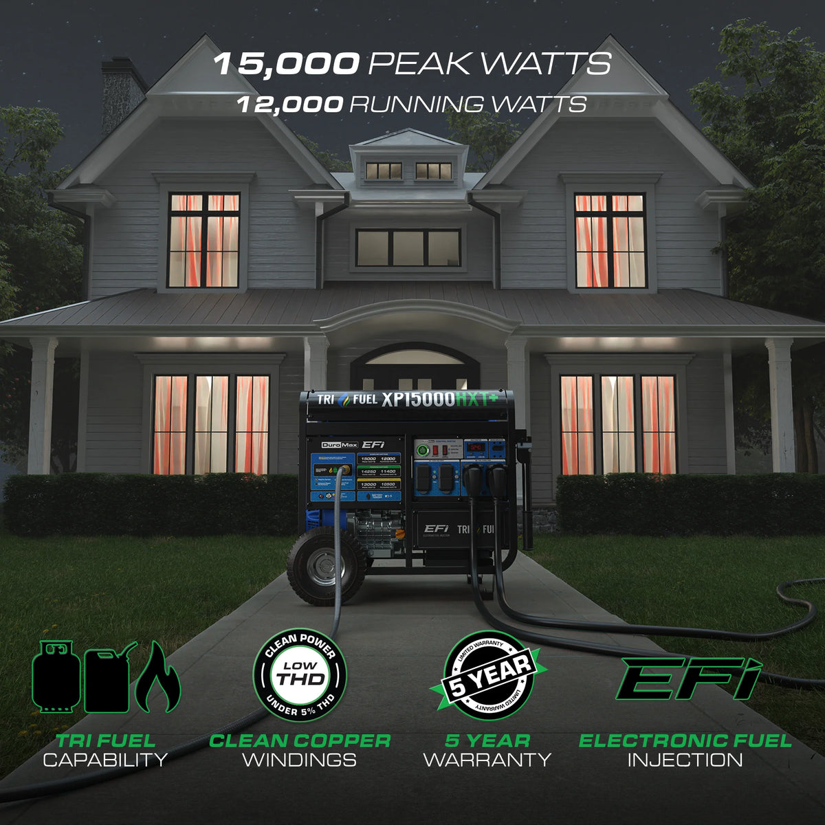 DuroMax XP15000HXT+ 15,000-Watt  500cc EFI Electric Start Tri Fuel Portable Generator