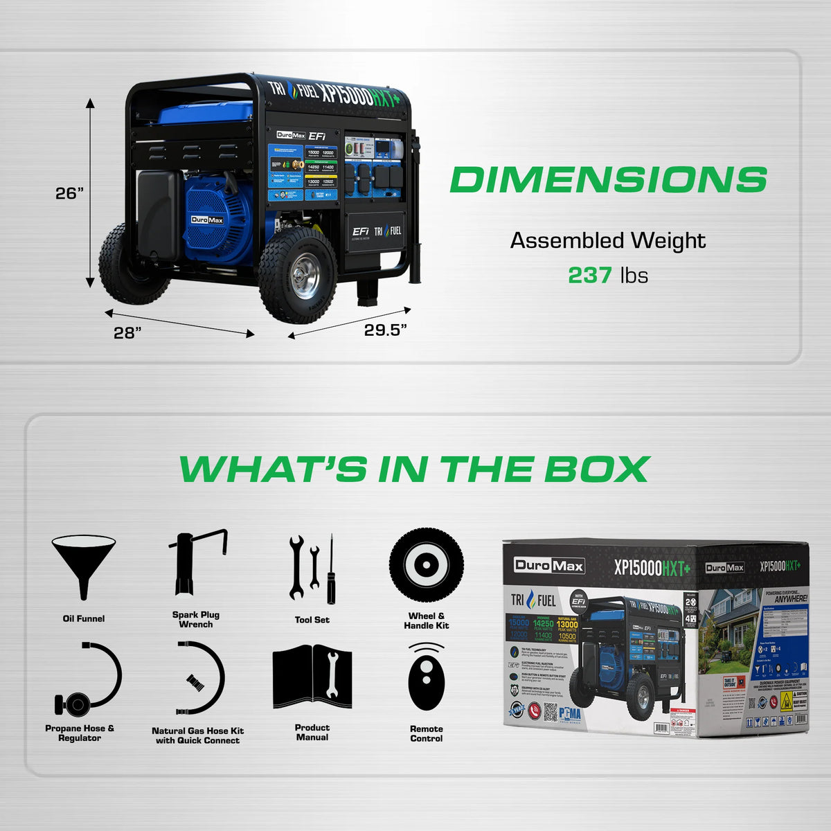 DuroMax XP15000HXT+ 15,000-Watt  500cc EFI Electric Start Tri Fuel Portable Generator