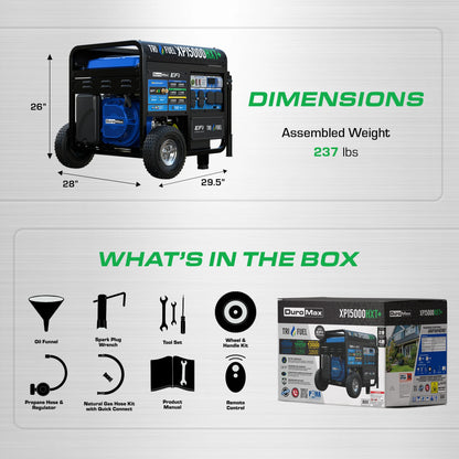 DuroMax XP15000HXT+ 15,000-Watt  500cc EFI Electric Start Tri Fuel Portable Generator